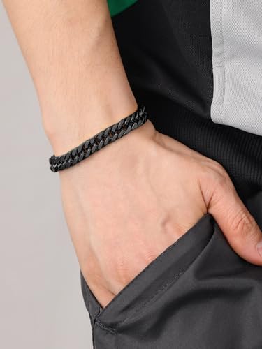 ChainsHouse Stainless Steel Cuban Link Bracelet, 8mm/12mm/17mm Width, 7.5"/8.3"/9", 18K Gold Plated Chain Wrist Bracelets for Men Women, Send Gift Box - color: S: Black-8mm width-custom