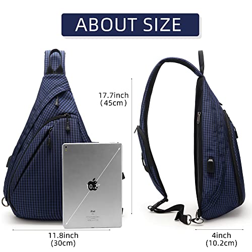 TurnWay Water-Proof Sling bag/Crossbody Backpack/Shoulder Bag with USB Charging Port for Travel, Hiking, Cycling, Camping - color: Blue Grid
