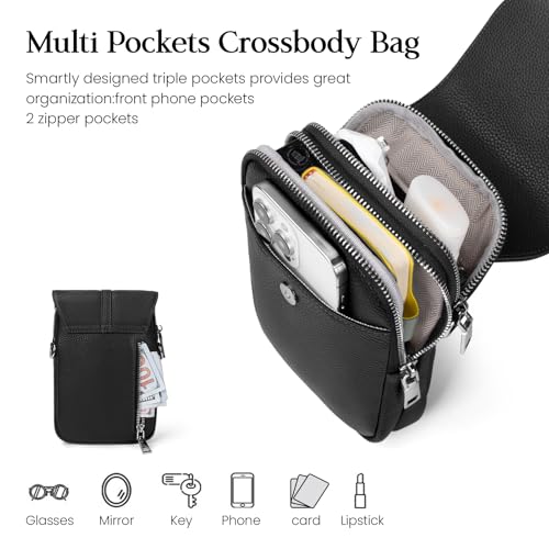 befen Genuine Leather Small Crossbody Bags for Women, Multi Pocket Cell Phone Crossbody Purse with RFID Blocking Card Slots - color: Black