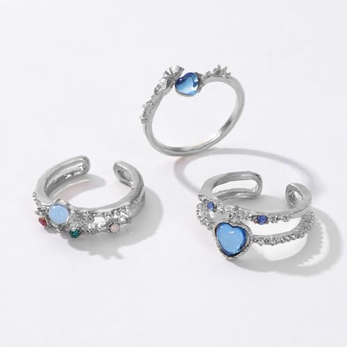3Pcs Multi-Layered Ocean Blue Rhinestone Heart Flower Rings for Women Teens Gifts Trendy Stuff Boho Stackable Love Silver Ring Set Vintage Crystal Knuckle Stacking Rings Christmas Gifts Stacking Stuffers