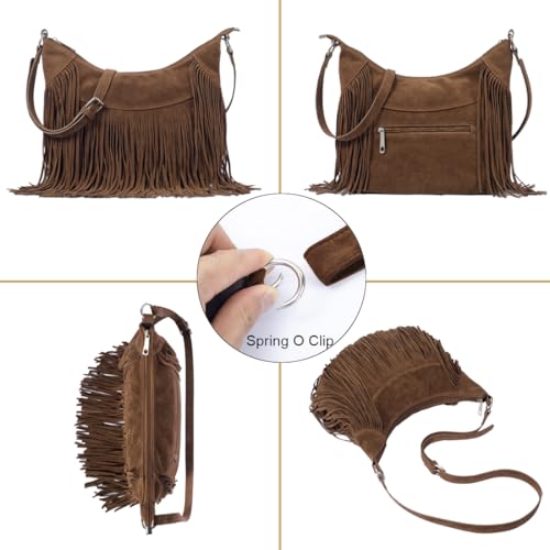 Sunwel Fashion Women Fringe Hobo Bag Western Purse Shoulder Bag Vegan Suede Tassel Hippie Crossbody Bag - color: Coffee