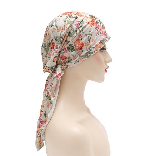 ZLYC Chemo Headwear Pre Tied Head Scarf Headwraps Lightweight Turban Beanie Cap for Women - color: Flower White