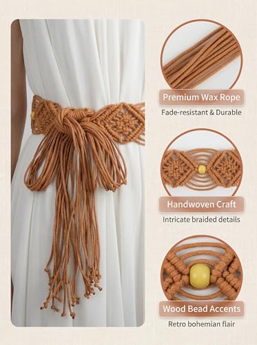 TeeYee Women's Waist Belt Adjustable Boho Style Handwoven Bohemia Tassel Rope Tie with Wooden Beads Braided Chain for Dress - color: 283tan