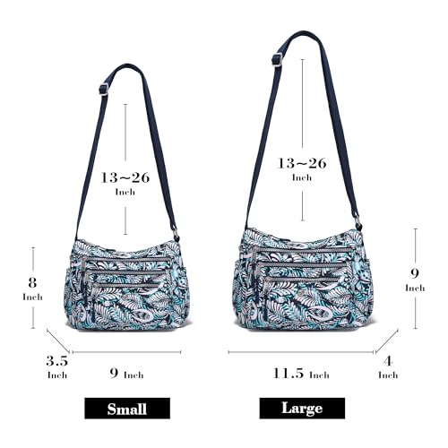 AOCINA Crossbody Bags for Women Multi Pocket Nylon Lightweight Ladies Purses Messenger Shoulder Handbags Satchel Travel Bag - color: Blue Leaf, size: Large