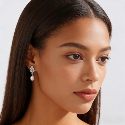 Pearl Earrings for Women Dainty Diamond Pearl Drop Earrings 14k Gold Plated Dangle Earrings for Women Weddings Gifts Bridesmaid Gifts - color: D-silver pearl earrings