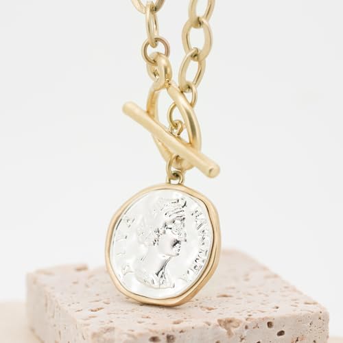 Chunky Gold Coin Pendant Necklace Trendy Layered Statement Chain for Women, Antique Toggle Design with Thick Link, Fashionable Necklaces for Women - color: Worn Gold/Sliver