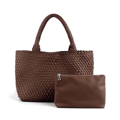 Woven Tote Bag Womens Purse Vegan Leather Shoulder Handbags Fashion Summer Beach Tote Bags Large Travel Totes - color: Coffee