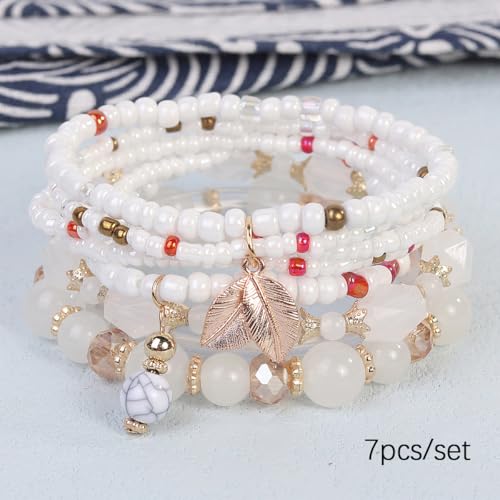 Caiyao 4Pcs Bohemia Multilayer Stackable Beaded Bracelets Set Colorful Crystal Stone Gold Beaded Stretch Bracelets Hawaii Charm Bracelet for Women Men Summer Beach Boho Vacation Jewelry Gifts - color: 7pcs white