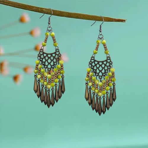 Handmade Vintage Bronze Bohemian Long Tassel Colorful Bead Dangle Drop Earrings Big Tribal Chandelier Geometry Hook Earrings for Women Statement Jewelry Gifts - color: Bright Green