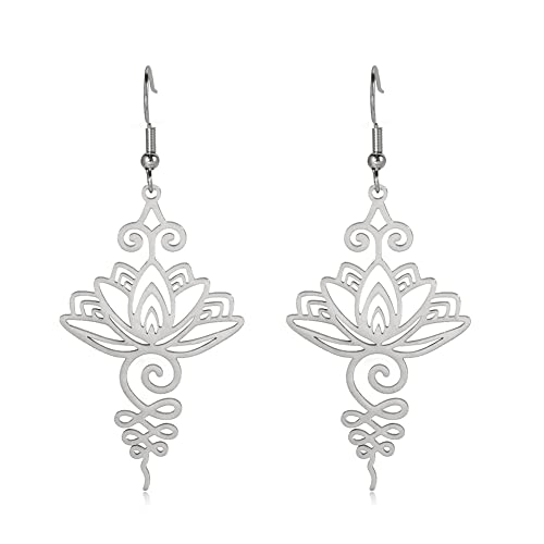 TEAMER Stainless Steel Lotus Flower Dangle Earrings Bohemian Drop Earring Unique Geometric Jewelry for Women - color: Lotus 2-Steel Color