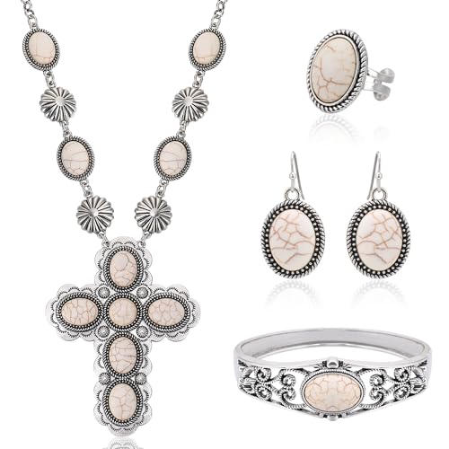 4 PCS Western Turquoise Jewelry for Women Boho Vintage Navajo Pearl Necklace Earring Bracelet Ring Set Country Cowgirl Accessories for Gift - color: N-White