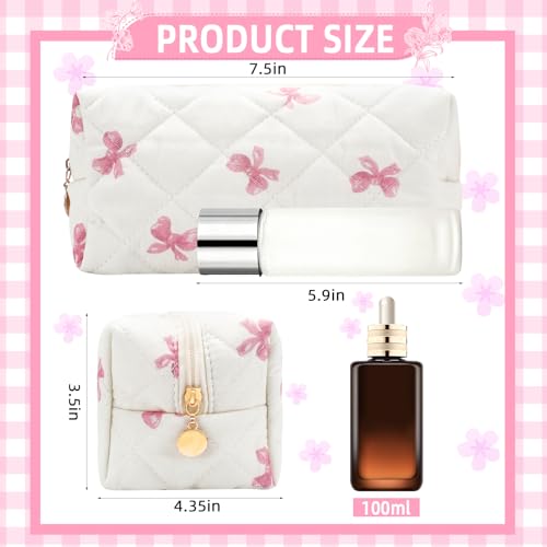 Small Makeup Bag Quilted Cosmetic Bag Floral Travel Toiletry Bags for Women Cute Pencil Case Quilted Makeup Pouch Aesthetic Coquette Cosmetic Pouch Cotton Make Up Bags Cute Zipper Pouches White - color: Ae-pink bow