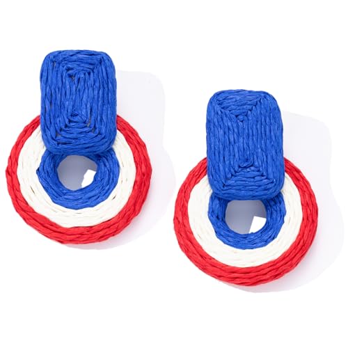 Statement Raffia Earrings Cute Boho Earrings Rattan Dangle Earrings Handmade Straw Wrap Earrings Summer Drop Dangling Earrings for Women Teen Girls - color: White/Red/Blue