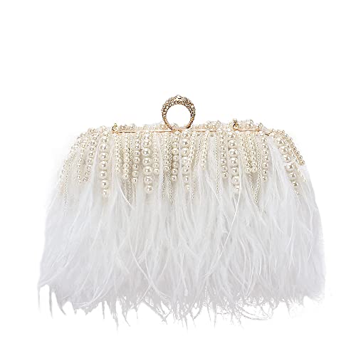Women Real Natural Ostrich Feather Evening Bags Purses Clutch Vintage Banquet Handbag - color: White With Pearl