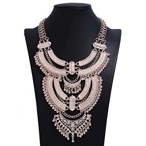 YAZILIND Clavicle Chunky Bib Necklace Layered Tassels Rhinestone Exaggerated Vintage Ethnic Long Engraved Bohemian Statement - color: Rose Gold