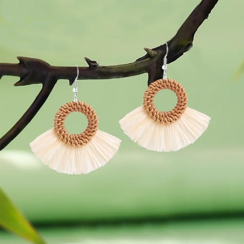 Boho Summer Beach Earrings for Women Lightweight Straw Wicker Earring Statement Raffia Fan Round Tassel Dangle Drop Earrings Hawaii Jewelry - style: White Round
