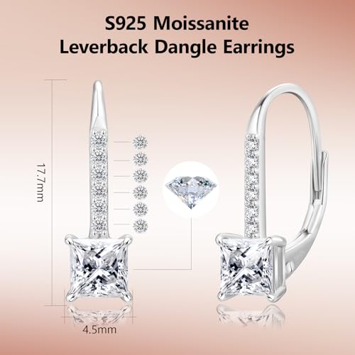 KRKC Moissanite Earrings, 1.0ct-2.0ct D Color Lab Created Diamond Earring, 14k White Gold Plated Sterling Silver Dangle Earrings S925 Leverback Drop Earring for Women Hypoallergenic Jewelry for Gifts - color: Princess-Silver-4.5mm