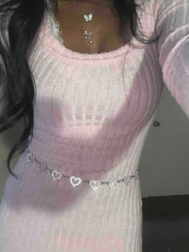 TEBIEKOY Heart Chain Waist Chain for Women, Y2K Floral Belly Chain Body Jewelry with Layered Links for Party, Festival & Night Out - style: Silver Heart