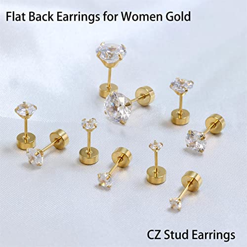 Dainty 6 Pairs Surgical Steel Earrings Sets for Multiple Piercing, Lightweight 14K Gold Plated Small Huggie Hoop Earrings, Flat Back Tiny Ball CZ Stud Earrings for Cartilage, Helix, Lobe, Hypoallergenic - style: 14K Gold Plated- 5 Pairs CZ Studs