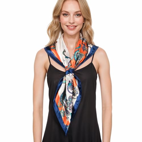 RIIQIICHY Head Scarf for Women Like Silk Scarf Hair Scarf Printed Square Scarf Bandanas for Women 35 Inches - color: Beige/Orange/Navy