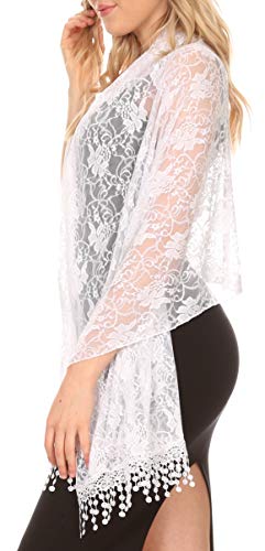 Sakkas Mari Women's Large Lightweight Soft Lace Scarf Wrap Shawl Floral and Fringe - color: White Lace