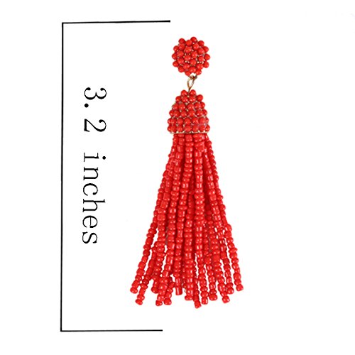 NLCAC Women's Beaded tassel earrings Long Fringe Drop Earrings Dangle 6 Colors - color: red