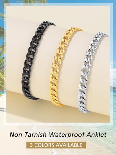 FindChic Stainless Steel Ankle Bracelets for Women, Waterproof Figaro/Cuban/Box/Beaded Chain Anklets, Summer Beach Foot Jewelry, 8.5''-10.5'' Adjustable Length, with Gift Box - style: Cuban Chain-Silver