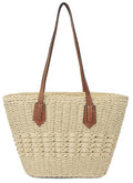 Women's Straw Shoulder Bag Large Rattan Woven Totes Summer Travel Beach Handbag Handmade Top Handle Purse - color: Beige