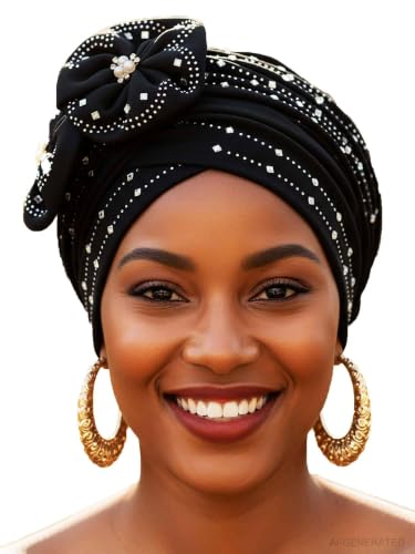 Woeoe Beanie Cap Head Wrap Black Rhinestones Head Scarf Flower Pearls Twisted Head Turban for Women Girls - color: Black