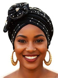 Woeoe Beanie Cap Head Wrap Black Rhinestones Head Scarf Flower Pearls Twisted Head Turban for Women Girls - color: Black