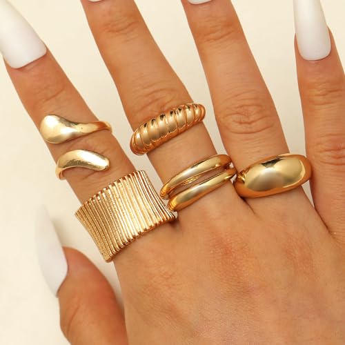9-11PCS Gold Stackable Rings Set for Women - Gold Plated Adjustable Chunky Statement Rings for Daily Wear, Layering, Parties - style: 9PCS Gold