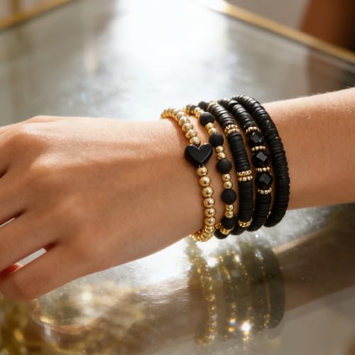 Alegend Titanium Steel (Not Rust, Resist Corruption, Easily Clean) 18K Gold Plated Single Bracelets + 14K Gold Plated Stackable Multilayer Bracelets - style: 14K Gold Plated Black Beaded