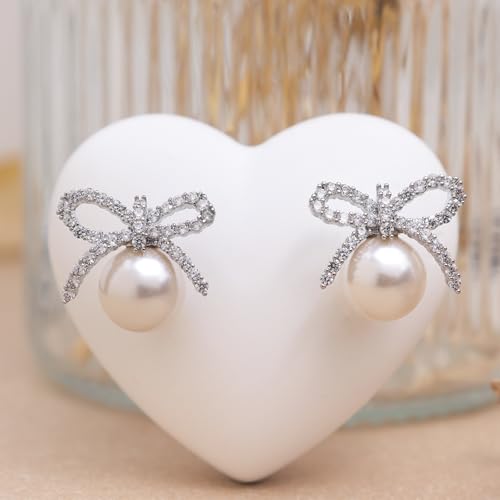 Pearl Earrings for Women, Trendy Dainty Cubic Zirconia Piercing Hypoallergenic CZ Earring Prom Holiday Fashion Jewelry Gift. - color: Silver Pearl