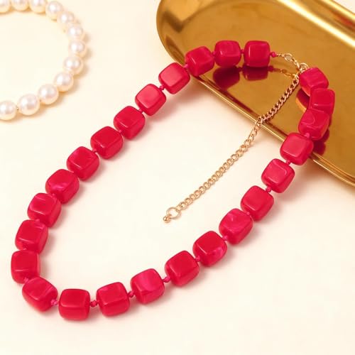 Statement Bead Necklaces for Women Boho Collar Necklace Chunky Red Resin Simple Elegant Bohemian Dress Accessories - color: A3:Rose red bead necklace