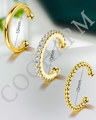COCHARM 3PCS Ear Cuffs Non Piercing,14K Gold Plated Fake Helix Conch Earrings for Women, Surgical Steel Ear Cuff Cartilage Hoop Earrings