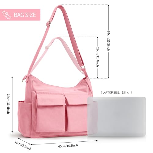 KALIDI Canvas Tote Bag Large Hobo Crossbody Shoulder Handbag Zipper Messenger Bag for Women or Men Casual College Work - color: Upgraded Pink