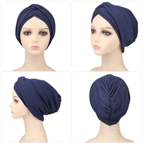 AQOKKA African Turban for Women Knotted Hair Wraps for Turban Head Scarf for Black Women Hair Cancer Chemo Headwear Cap - color: Twisted Braid: 1 Pack Navy