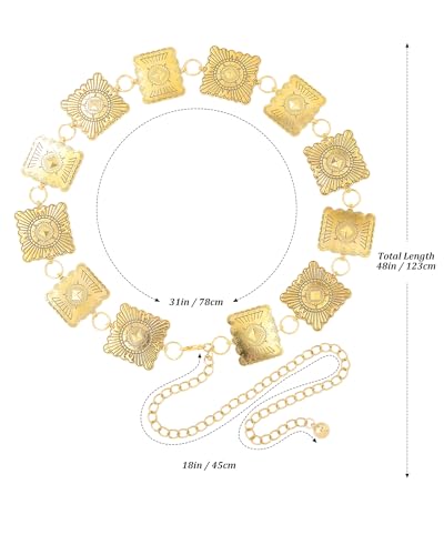 AWAYTR Chain Belt for Women – Adjustable Boho Metal Waist Chain Belt Gold Sliver for Dresses Jeans Country Concert Outfit - color: Gold-large Square