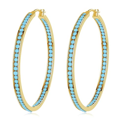 CiNily Mult-colors Crystal Stainless Steel Hoop Earring for Women Hypoallergenic Jewelry for Sensitive Ears Large Big Hoop Earrings 2" - color: Gold-Turquoise