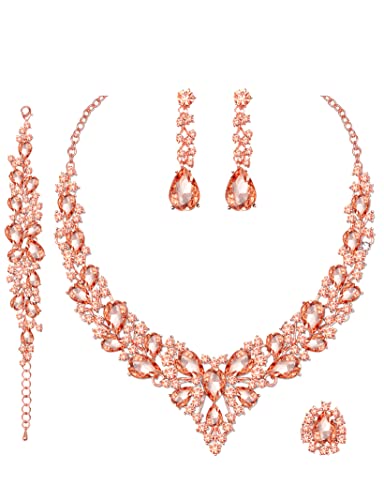 CSY 4 Pcs/Set Austrian Crystal Necklace Earrings Bracelet Ring Bridal Jewelry Sets for Brides Wedding Party Costume Accessories Gifts for Women - color: 02-rose gold-peach