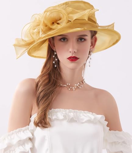 ORIDOOR Women’s Organza Church Tea Party Wedding Fascinator Derby Hat Wide Brim Sun Hats - color: D1-gold