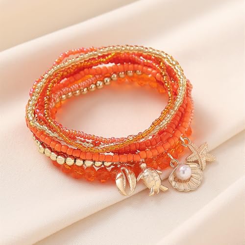 Caiyao Bohemian Multilayer Stackable Seed Beaded Bracelets Colorful Crystal Glass Beads Strand Bangle Bracelet BFF Wristbands Bracelet for Women Summer Beach Hawaii Jewelry Birthday Gifts - color: Orange-starfish