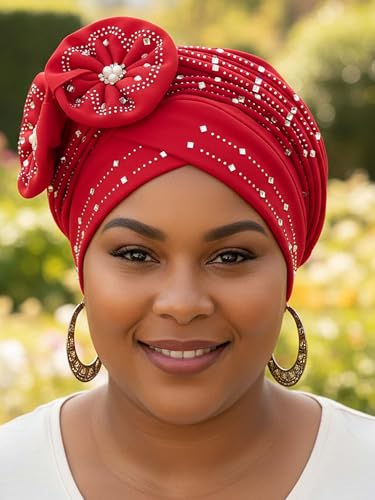 Woeoe Beanie Cap Head Wrap Black Rhinestones Head Scarf Flower Pearls Twisted Head Turban for Women Girls - color: Red