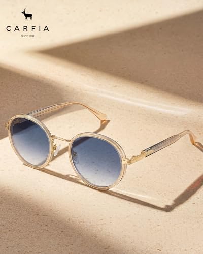 CARFIA Retro Round Sunglasses for Women Polarized UV Protection, Durable Acetate-Metal Frame Designer Eyewear CA1951 - color: 4. White Frame + Gradient Blue Lens