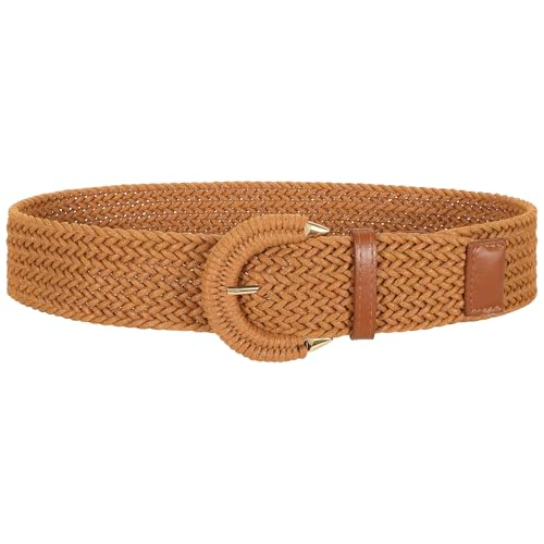 SANSTHS Women Wide Woven Belt for Dresses Fashion Rattan Braided Waist Belt Straw Raffia Boho Belt for Jeans - color: B-brown, size: Fits waist size 50‘’-54"