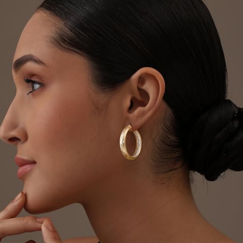 LeCalla 925 Sterling Silver Hoop Earrings for Women | 14K Gold-Plated & Rose Gold-Plated Diamond-Cut Hoop Earrings | Textured Click-Top Hoops Earring Jewelry - color: Yellow-Gold Double DC-30MM