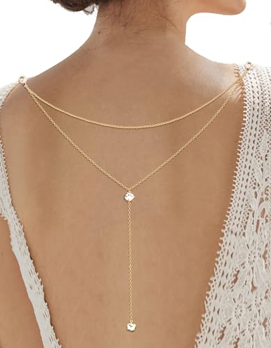 Eyraevor Rhinestone Backdrop Necklace for Backless Dress Back Necklace Crystal Wedding Bridal Back Dainty Chain Body Jewelry (Gold)
