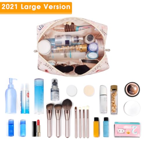 Narwey Cute Makeup Bag Travel Cosmetic Bag Organizer Toiletry Bag Make Up Bags with Compartments for Women Girls (Large, Beige Flamingo) - color: Beige Flamingo, style: Large