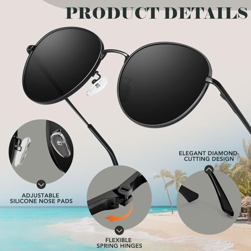 GQUEEN Retro Round Polarized Sunglasses Womens Men Spring Hinge Metal Frame Trendy Hippie Oval Sun Glasses Shades UV400 - color: 1 Black Frame/Black Lens