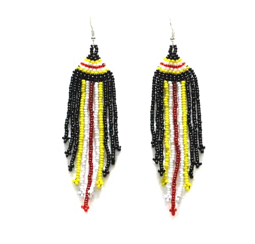 Long Beaded Dangle Earrings – Boho Native Handmade Seed Bead Tassel Bohemian Large Statement Drop Fringes for Women - color: Black & yello
